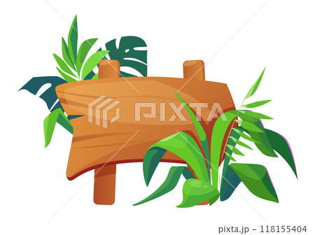 wooden sign with green leaves flat vector illustration depicting a rustic outdoor scene vibrant green leaves add a natural touch to the design wooden sign with green leaves flat vector illustration depicting a rustic outdoor scene vibrant green leaves add a natural touch to the design 118155404