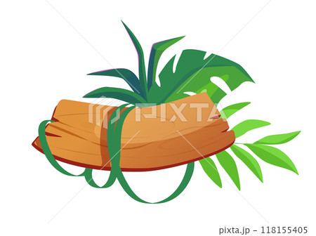 Wooden basket with tropical plants and long green leaves flat vector illustration isolated on white background Wooden basket with tropical plants and long green leaves flat vector illustration isolated on white background 118155405