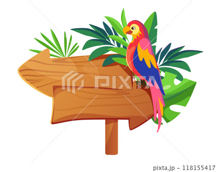Colorful parrot sitting on a wooden sign post surrounded by tropical leaves in a jungle scenic flat vector illustration bright and vibrant colors Colorful parrot sitting on a wooden sign post surrounded by tropical leaves in a jungle scenic flat vector illustration bright and vibrant colors 118155417