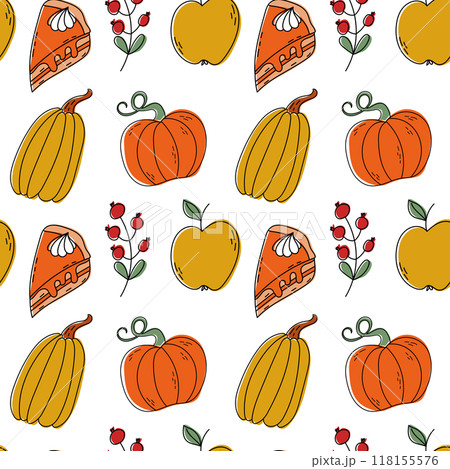 Beautiful Autumn Harvest Design Featuring Pumpkins and Fresh Apples in a Colorful Arrangement 118155576