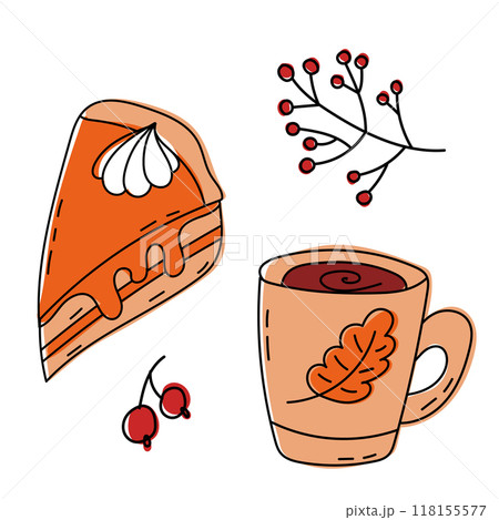 Cozy Autumn Treat A Delightful Illustration Featuring Cake and a Warm Drink Together 118155577