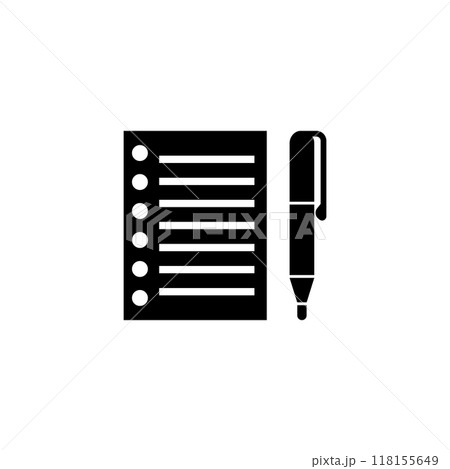 Black and white vector icon of a notepad and pen, symbolizing writing and note-taking 118155649