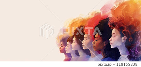 Diversity woman watercolor illustration. African person portrait. Young female fashion. Face of girl. Sketching feminism model with curly hair 118155839