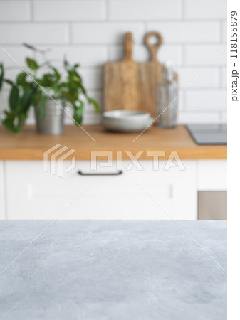 Wooden blue tabletop with free space for product montage or mockup 118155879