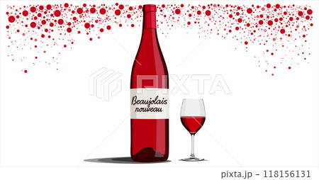 Beaujolais nouveau. Bottle of young red wine and wineglass on decorative background with red dots. Vector isolated illustration Beaujolais nouveau. Bottle of young red wine and wineglass on decorative background with red dots. Vector isolated illustration 118156131