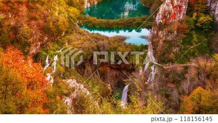 Autumn colors and waterfalls of Plitvice National Park in Croatia, seasonal colorful background Autumn colors and waterfalls of Plitvice National Park in Croatia, seasonal colorful background 118156145