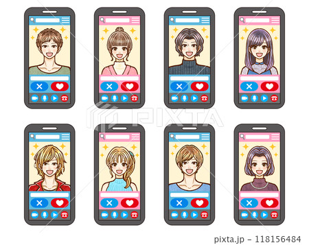 スマホでマッチングアプリする男女の画面イラスト素材セット2 スマホでマッチングアプリする男女の画面イラスト素材セット2 118156484