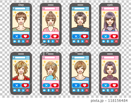 スマホでマッチングアプリする男女の画面イラスト素材セット2 スマホでマッチングアプリする男女の画面イラスト素材セット2 118156484