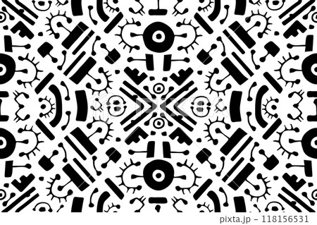 Aztec or fantasy seamless pattern. Vector black white endless design for wallpaper or decoration Aztec or fantasy seamless pattern. Vector black white endless design for wallpaper or decoration 118156531