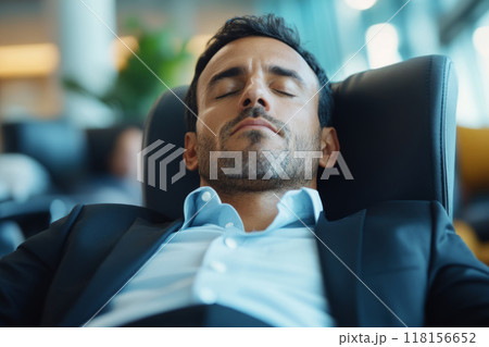 Businessman rests with his eyes closed while sitting in a modern office 118156652