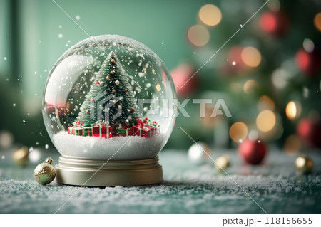 Snow globe with a Christmas tree and snowfall on a blurred green background 118156655