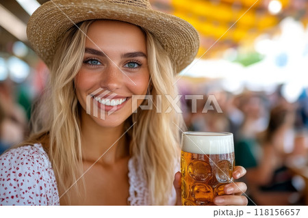 Woman with blonde hair smiles while holding a traditional beer mug 118156657