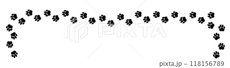 A path of paw prints of pets, dog or cat. Isolated illustration drawn in charcoal or pencil on white background. Vector illustration. A path of paw prints of pets, dog or cat. Isolated illustration drawn in charcoal or pencil on white background. Vector illustration. 118156789