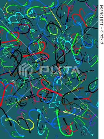 Many fishing hook on a turquoise background. Abstract illustration. Colorful and varied fishing hooks in abundance. 118156864