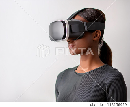 Portrait of a Woman Using VR Glasses Headshot Isolated on White Background with Copy Space 118156959