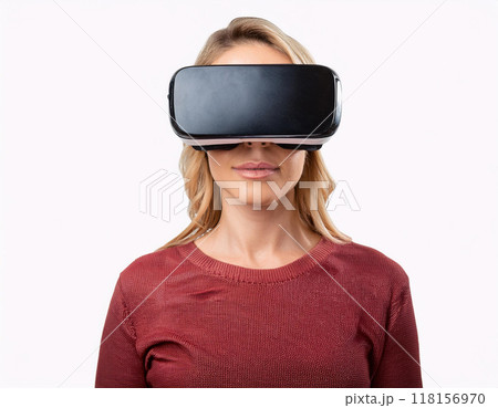 Portrait of a Woman Using VR Glasses Headshot Isolated on White Background with Copy Space 118156970