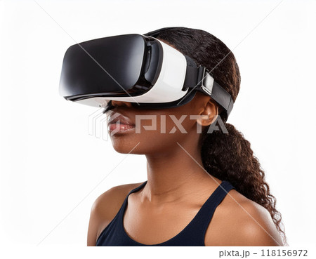 Portrait of a Woman Using VR Glasses Headshot Isolated on White Background with Copy Space 118156972