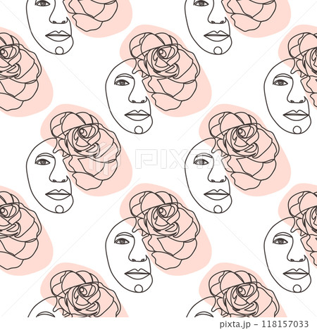 Outline woman face, abstract flowers leaves, line continuous drawing vector seamless pattern Outline woman face, abstract flowers leaves, line continuous drawing vector seamless pattern 118157033