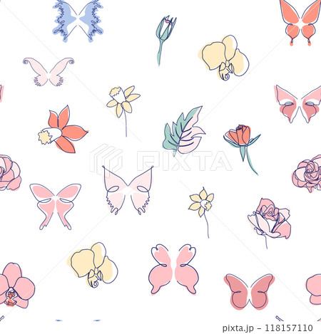 One line seamless modern pattern. Rose flower modern simplicity vector illustration. One line seamless modern pattern. Rose flower modern simplicity vector illustration. 118157110