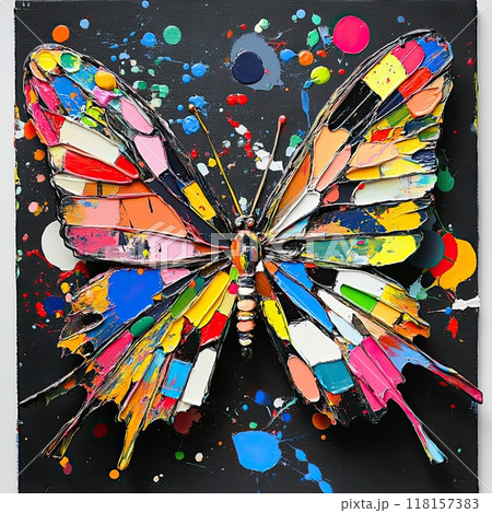The butterfly is represented in an explosion of colors, with distinct brush strokes highlighting the wings’ symmetry and beauty against a dark backdrop, exemplifying creativity. The butterfly is represented in an explosion of colors, with distinct brush strokes highlighting the wings’ symmetry and beauty against a dark backdrop, exemplifying creativity. 118157383