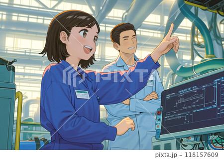 工場で生産状況を確認するエンジニア男女_精密イラスト3 工場で生産状況を確認するエンジニア男女_精密イラスト3 118157609