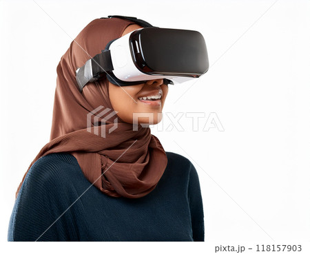 Muslim Woman Using VR Glasses Hijab Headshot Isolated on White Background 118157903