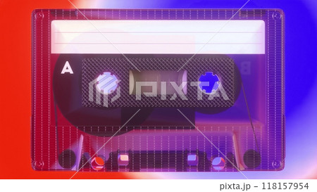 Retro music concept. Radio tape recorder, audio cassette. Vintage neon lighting. 3d illustration 118157954