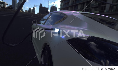 Electric car charging in city. Electric vehicle charging port plugging in car. 3d illustration 118157962