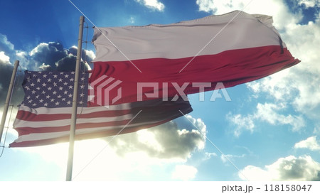 Poland and United States flag waving in deep blue sky together. 3d illustration 118158047