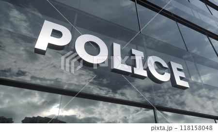 Police glass building. Police sign on a modern glass skyscraper. 3d illustration 118158048