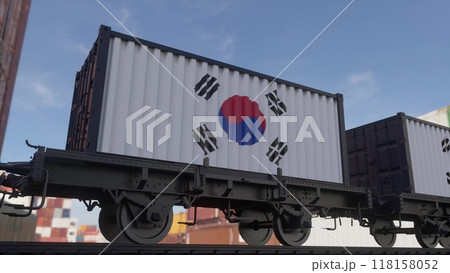 Containers with the flag of South Korea. Railway transportation. 3d illustration 118158052
