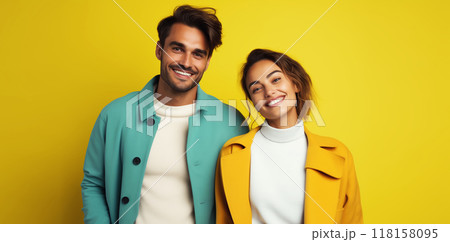 Portrait stylish beautiful happy woman and man, modern young couple together on colorful background 118158095
