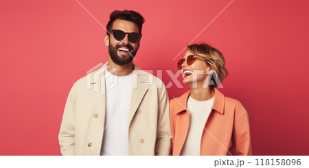 Portrait stylish beautiful happy woman and man, modern young couple together on colorful background 118158096