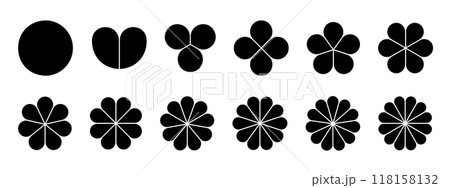 Flower diagrams with petals. Floral chart divided on equal parts from 1 to 12 in leaf shapes isolated on white background. Layouts for business data presentation. Vector graphic illustration Flower diagrams with petals. Floral chart divided on equal parts from 1 to 12 in leaf shapes isolated on white background. Layouts for business data presentation. Vector graphic illustration 118158132
