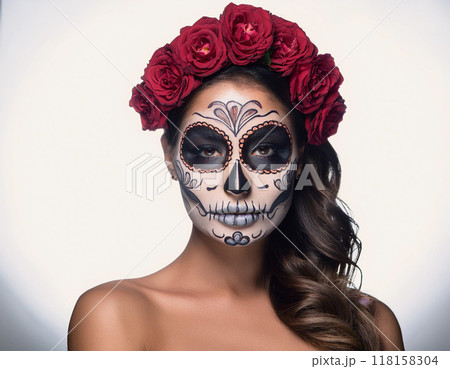 Day of the Dead Portrait of Woman with Skull and Bone Mask and Floral Hair Elements Day of the Dead Portrait of Woman with Skull and Bone Mask and Floral Hair Elements 118158304