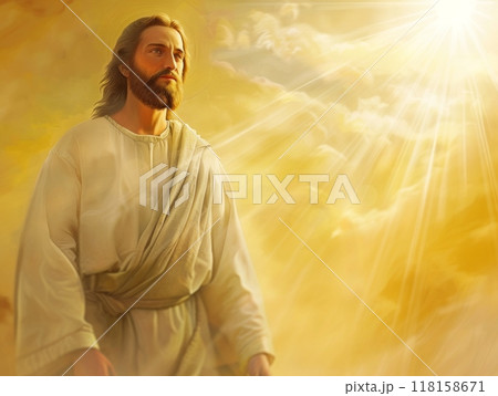 In a moment of divine glory, Jesus stands in serene majesty, illuminated by radiant light, embodying hope and resurrection after his return from the dead. 118158671