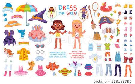 Help girls get dressed. Kids game. Set of various clothes for a paper doll Help girls get dressed. Kids game. Set of various clothes for a paper doll 118158790
