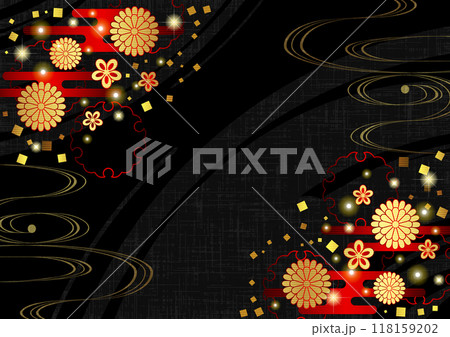 菊と雪輪の和背景、かわいい、イラスト、黒、横 菊と雪輪の和背景、かわいい、イラスト、黒、横 118159202