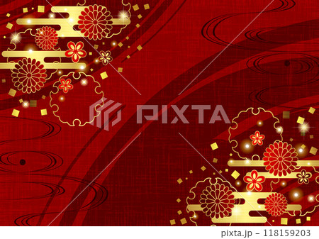 菊と雪輪の和背景、かわいい、イラスト、赤、横 118159203