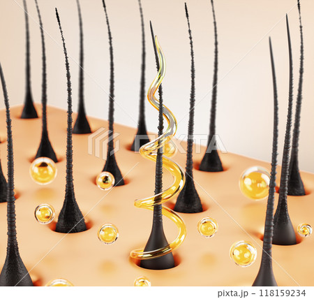Repair damaged hair 3d render background. Nourish and treatment of keratin, shampoo or serum. Scalp with follicles, gold liquid spiral swirl and oil drops, cosmetic hair care product. 3D illustration Repair damaged hair 3d render background. Nourish and treatment of keratin, shampoo or serum. Scalp with follicles, gold liquid spiral swirl and oil drops, cosmetic hair care product. 3D illustration 118159234