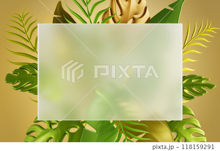 3d glass morphism rectangle card on jungle background. Ad banner frame with tropical green gold palm leaves. Blank transparent plastic or plexiglass plate with frosted effect and leaf. 3D illustration 3d glass morphism rectangle card on jungle background. Ad banner frame with tropical green gold palm leaves. Blank transparent plastic or plexiglass plate with frosted effect and leaf. 3D illustration 118159291