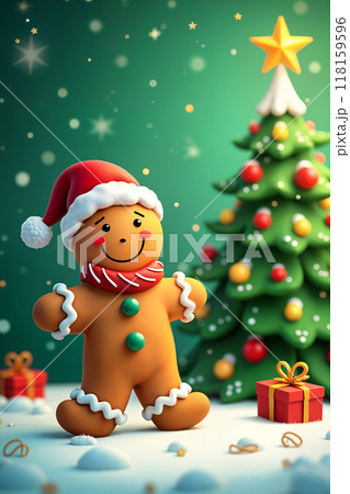 Gingerbread man stands in front of a Christmas tree. 118159596
