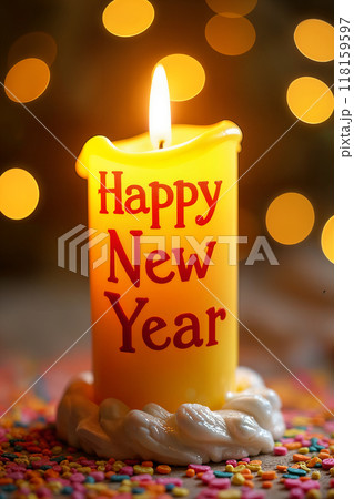 Yellow candle on a cake with sprinkles. 118159597