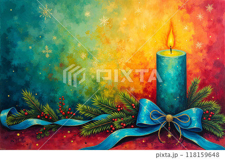 Colorful painting with candle and wreath. 118159648