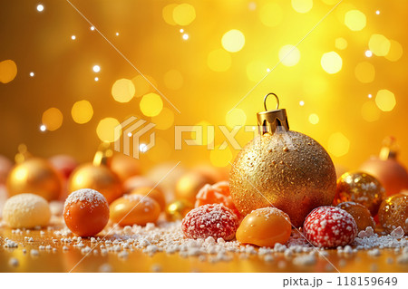 Golden ornaments and a tree ball on table. 118159649