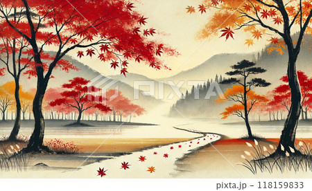 水墨画 風景画 秋の色合い 秋の風景を水墨画風に仕上げました。のイラスト素材 [118159833] - PIXTA