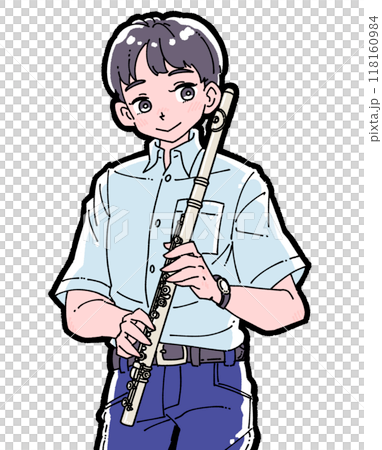 一個微笑的男孩拿著長笛的插圖 一個微笑的男孩拿著長笛的插圖 118160984