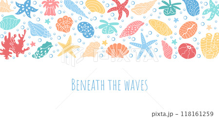 Bright underwater graphic with corals and seashells. Text Beneath the Waves highlighting the ocean reef marine life. Colorful sea, water, and reef elements at background design collection. Bright underwater graphic with corals and seashells. Text Beneath the Waves highlighting the ocean reef marine life. Colorful sea, water, and reef elements at background design collection. 118161259