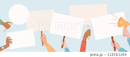 Protest signs are held high by a diverse hands. People raise placards and banners with a strong message. Human hand lift blank boards, showing unity, solidarity and support in the demonstration. 118161264