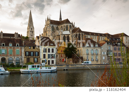 View with river of famous old town Auxerre at cloudy day in France View with river of famous old town Auxerre at cloudy day in France 118162404